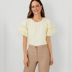 Ann Taylor Eyelet Ruffle Sleeve Short Sleeve Top Blouse Pastel Yellow Sz M. NWT